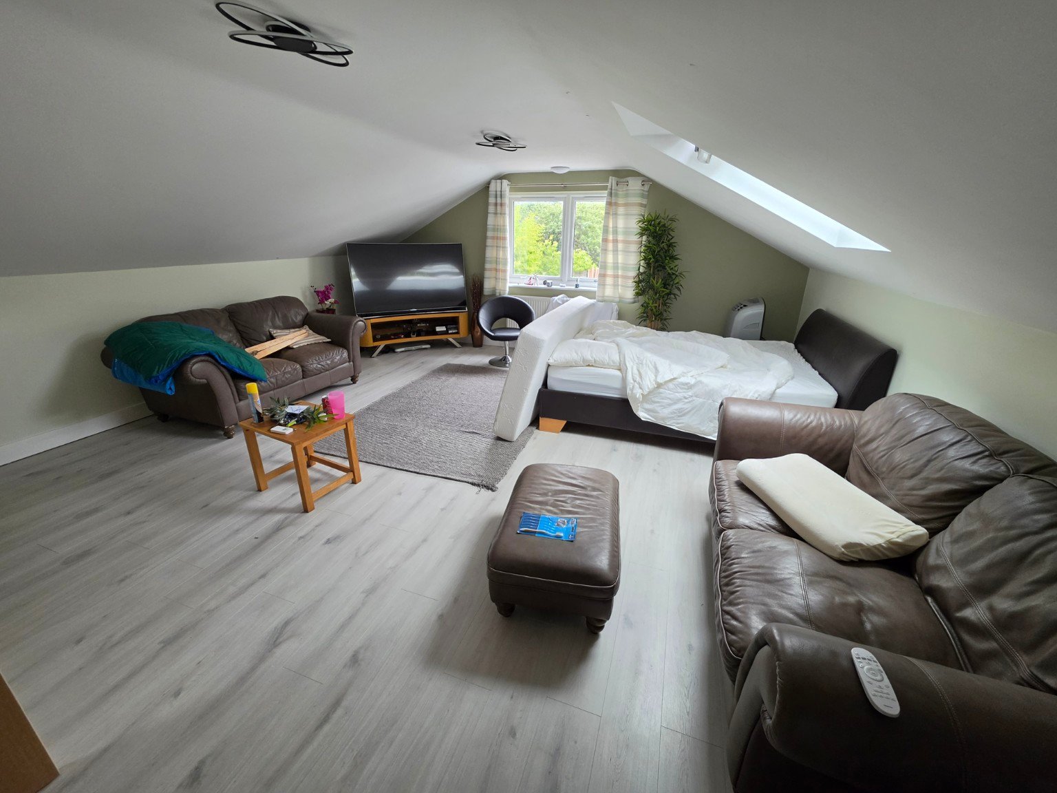 Open-plan Finch Loft room with king-size bed, sofas and television